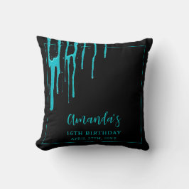 Chic Blauwgroen Glitter Drips Sweet 16 Birthday Kussen