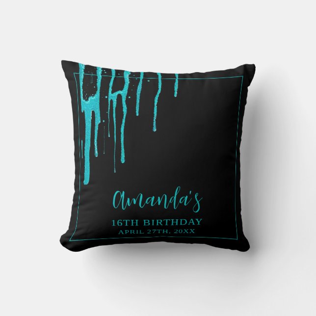 Chic Blauwgroen Glitter Drips Sweet 16 Birthday Kussen (Voorkant)