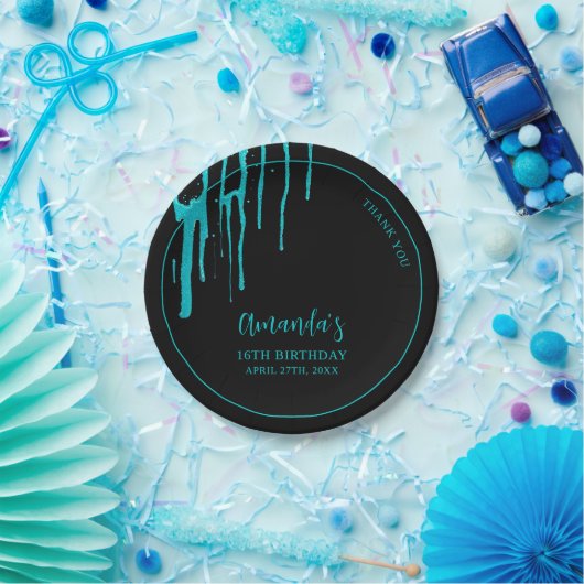 Chic Blauwgroen Glitter Drips Sweet 16 Birthday Papieren Bordje (Feest)