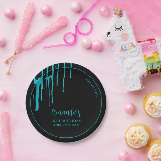Chic Blauwgroen Glitter Drips Sweet 16 Birthday Papieren Bordje (Feest)