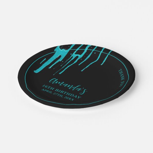 Chic Blauwgroen Glitter Drips Sweet 16 Birthday Papieren Bordje (Gekanteld)