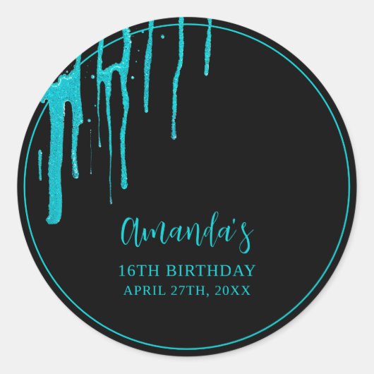 Chic Blauwgroen Glitter Drips Sweet 16 Birthday Ronde Sticker (Voorkant)