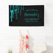 Chic Blauwgroen Glitter Drips Sweet 16 Birthday Spandoek (Insitu)