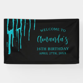 Chic Blauwgroen Glitter Drips Sweet 16 Birthday Spandoek
