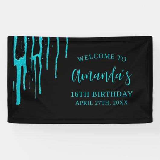 Chic Blauwgroen Glitter Drips Sweet 16 Birthday Spandoek (Horizontaal)