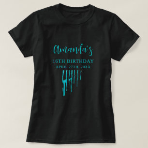 Chic Blauwgroen Glitter Drips Sweet 16 Birthday T-shirt