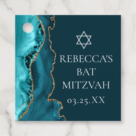 Chic Blauwgroen Gold Agate Bat Mitzvah Party Bedankjes Labels (Voorkant)