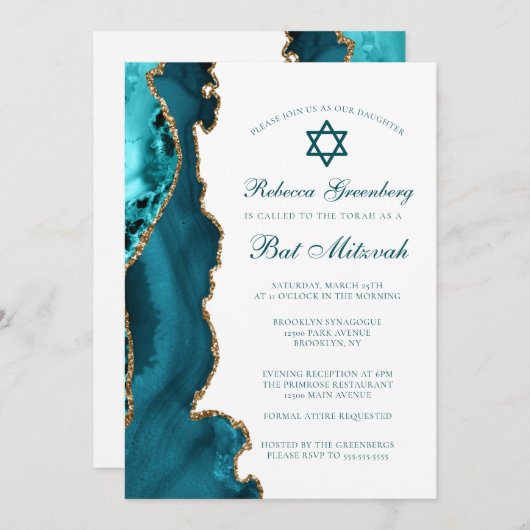 Chic Blauwgroen Gold Agate Bat Mitzvah Party Kaart (Voorkant / Achterkant)