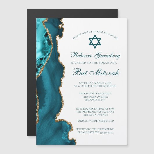 Chic Blauwgroen Gold Agate Bat Mitzvah Party Magnetische Uitnodiging (Voorkant / Achterkant)