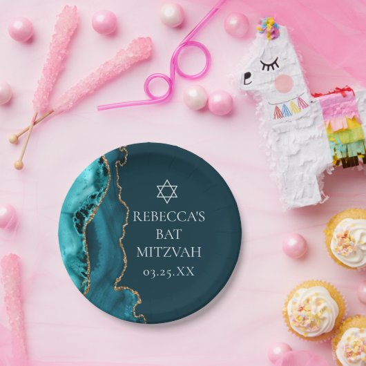 Chic Blauwgroen Gold Agate Bat Mitzvah Party Papieren Bordje (Feest)