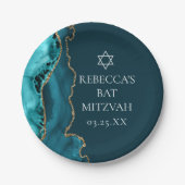Chic Blauwgroen Gold Agate Bat Mitzvah Party Papieren Bordje (Voorkant)