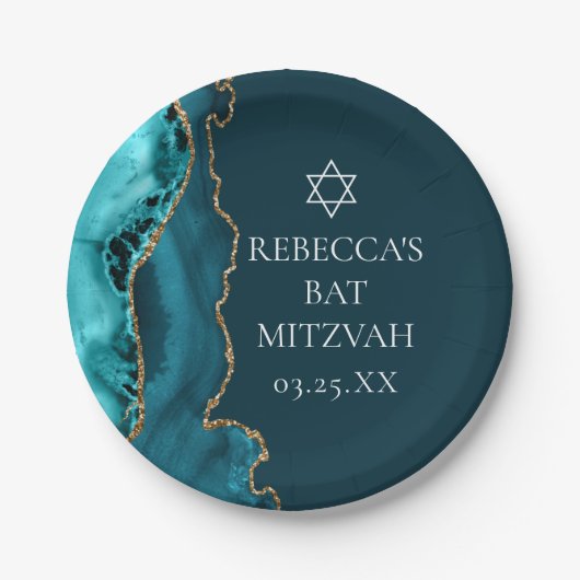 Chic Blauwgroen Gold Agate Bat Mitzvah Party Papieren Bordje (Voorkant)