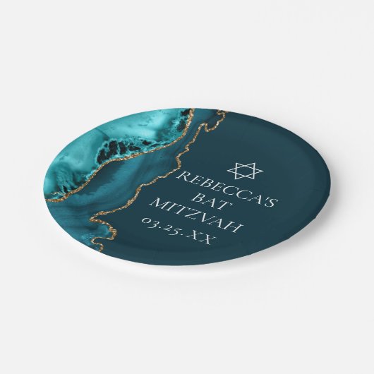 Chic Blauwgroen Gold Agate Bat Mitzvah Party Papieren Bordje (Gekanteld)