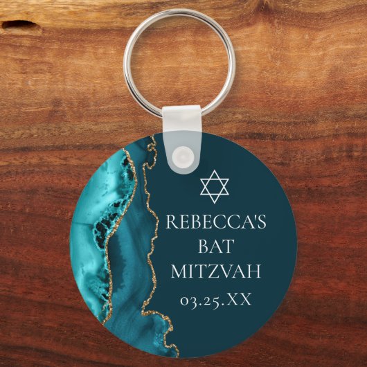 Chic Blauwgroen Gold Agate Bat Mitzvah Party Sleutelhanger (Voorkant)