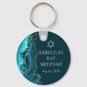 Chic Blauwgroen Gold Agate Bat Mitzvah Party Sleutelhanger (Achterkant)