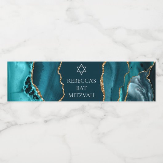 Chic Blauwgroen Gold Agate Bat Mitzvah Party Waterfles Etiket (Enkel label)