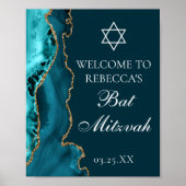 Chic Blauwgroen Gold Agate Bat Mitzvah Party Welko Poster (Voorkant)