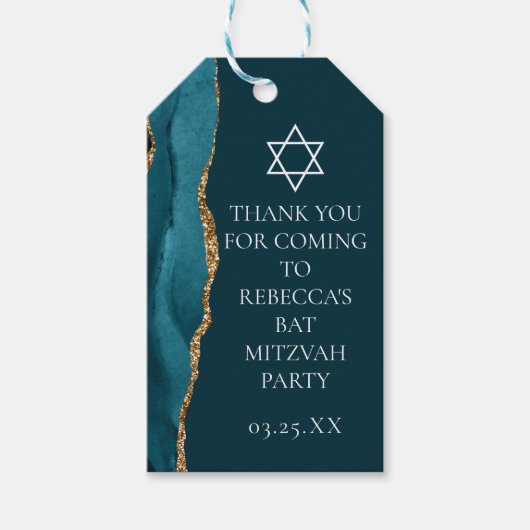Chic Blauwgroen Gold Bat Mitzvah Gepersonaliseerde Cadeaulabel (Voorkant)