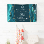 Chic Blauwgroen Gold Bat Mitzvah Party Welkom Spandoek (Insitu)