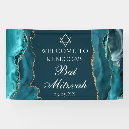 Chic Blauwgroen Gold Bat Mitzvah Party Welkom Spandoek (Horizontaal)