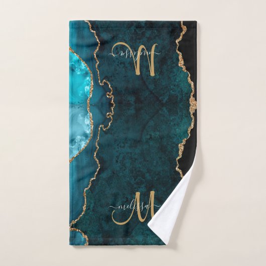 Chic Blauwgroen Gold Glitter Agate Custom Monogram Bad Handdoek (Handdoek)