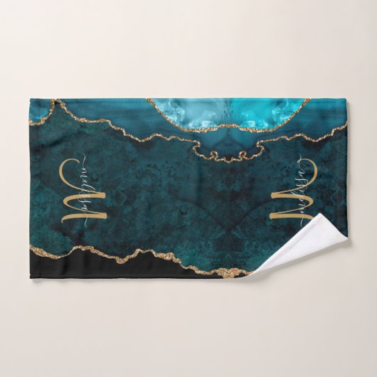 Chic Blauwgroen Gold Glitter Agate Custom Monogram Bad Handdoek (Handdoek)
