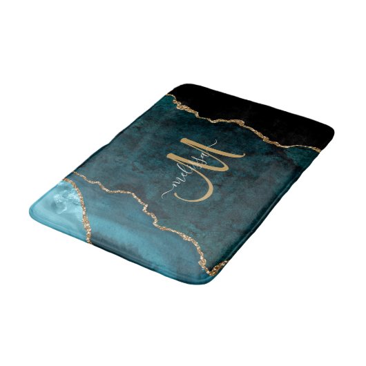 Chic Blauwgroen Gold Glitter Agate Custom Monogram Badmat (Gekanteld)