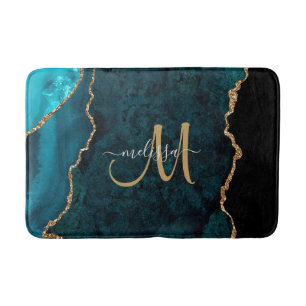 Chic Blauwgroen Gold Glitter Agate Custom Monogram Badmat