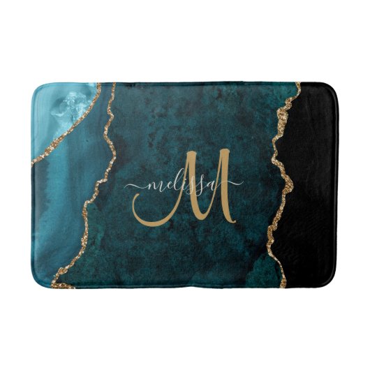 Chic Blauwgroen Gold Glitter Agate Custom Monogram Badmat (Voorkant)