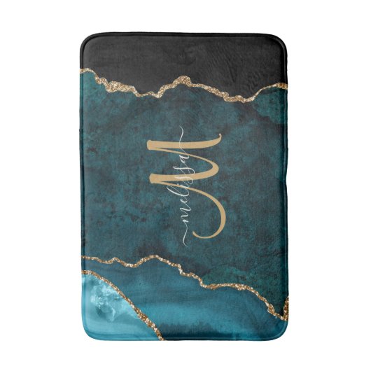 Chic Blauwgroen Gold Glitter Agate Custom Monogram Badmat (Voorkant Verticaal)