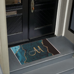 Chic Blauwgroen Gold Glitter Agate Custom Monogram Deurmat