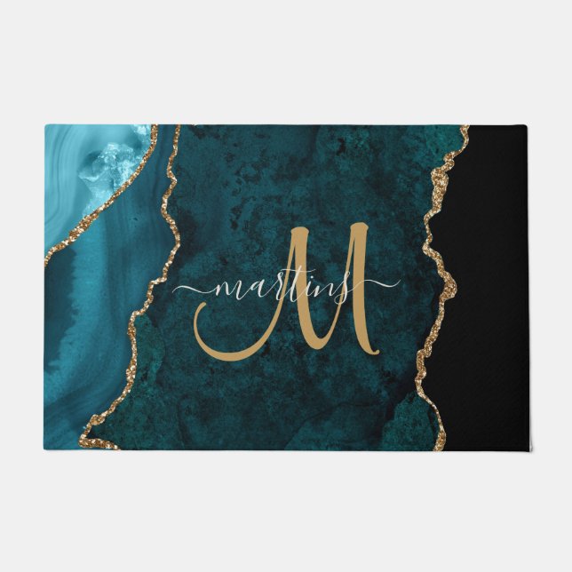 Chic Blauwgroen Gold Glitter Agate Custom Monogram Deurmat (Voorkant)