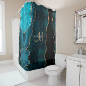 Chic Blauwgroen Gold Glitter Agate Custom Monogram Douchegordijn (In situ)