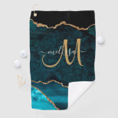 Chic Blauwgroen Gold Glitter Agate Custom Monogram Golfhanddoek (Insitu)