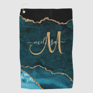Chic Blauwgroen Gold Glitter Agate Custom Monogram Golfhanddoek