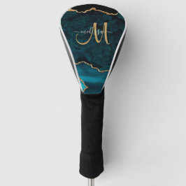 Chic Blauwgroen Gold Glitter Agate Custom Monogram Golfheadcover