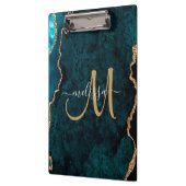 Chic Blauwgroen Gold Glitter Agate Custom Monogram Klembord (Links)