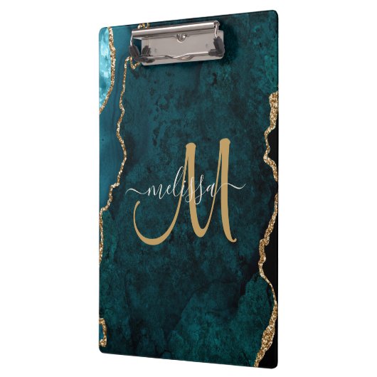 Chic Blauwgroen Gold Glitter Agate Custom Monogram Klembord (Links)