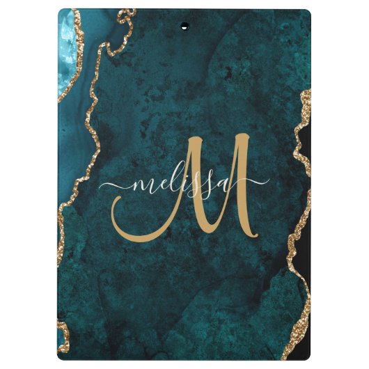 Chic Blauwgroen Gold Glitter Agate Custom Monogram Klembord (Achterkant)