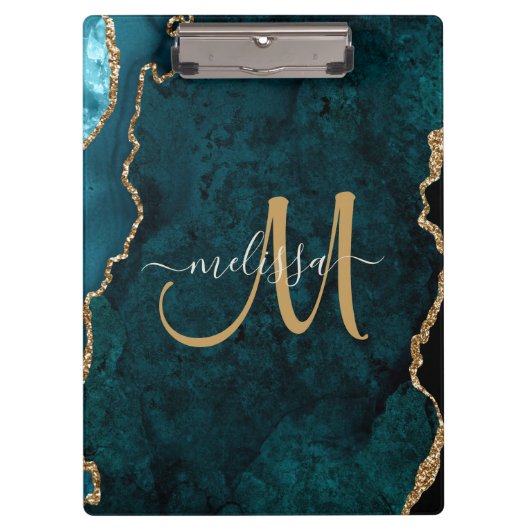 Chic Blauwgroen Gold Glitter Agate Custom Monogram Klembord (Voorkant)