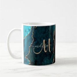 Chic Blauwgroen Gold Glitter Agate Custom Monogram Koffiemok