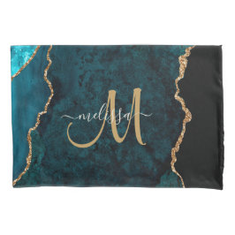 Chic Blauwgroen Gold Glitter Agate Custom Monogram Kussensloop