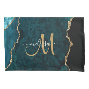 Chic Blauwgroen Gold Glitter Agate Custom Monogram Kussensloop