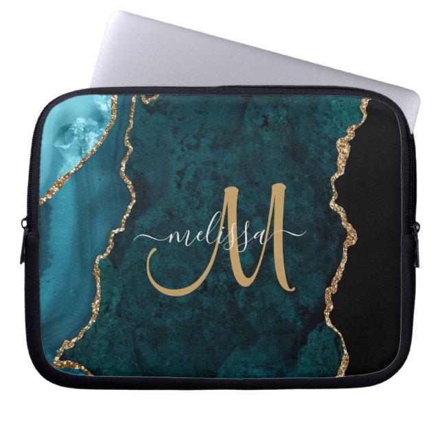 Chic Blauwgroen Gold Glitter Agate Custom Monogram Laptop Sleeve (Voorkant)