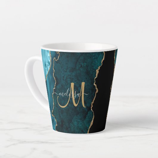 Chic Blauwgroen Gold Glitter Agate Custom Monogram Latte Mok (Linkerhoek)