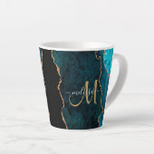 Chic Blauwgroen Gold Glitter Agate Custom Monogram Latte Mok (Rechterhoek)