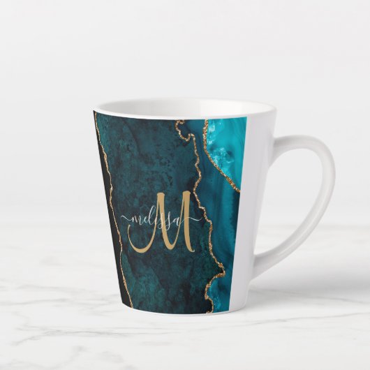 Chic Blauwgroen Gold Glitter Agate Custom Monogram Latte Mok (Rechts)
