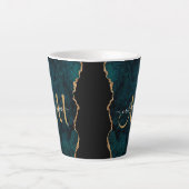 Chic Blauwgroen Gold Glitter Agate Custom Monogram Latte Mok (Voorkant)