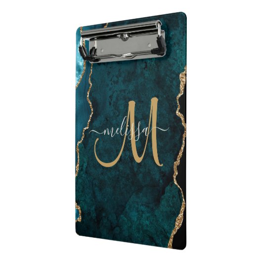 Chic Blauwgroen Gold Glitter Agate Custom Monogram Mini Klembord (Angled2)