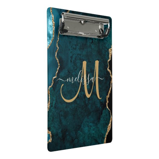 Chic Blauwgroen Gold Glitter Agate Custom Monogram Mini Klembord (Schuin)